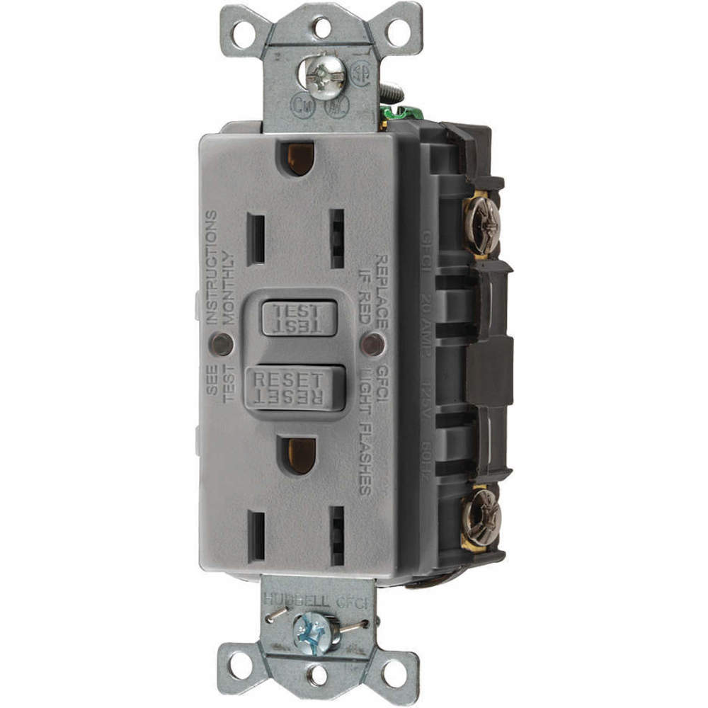 Gfci Receptacle, 15A 125V, 2-Pole 3-Wire Grounding, 5-15R, Gray