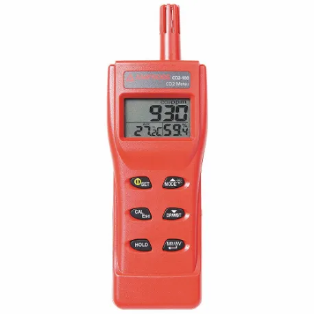 Hand-Held Carbon Dioxide Meter, LCD, 0 to 9999 ppm CO2 Concentration, 14 Deg to 140 Deg F