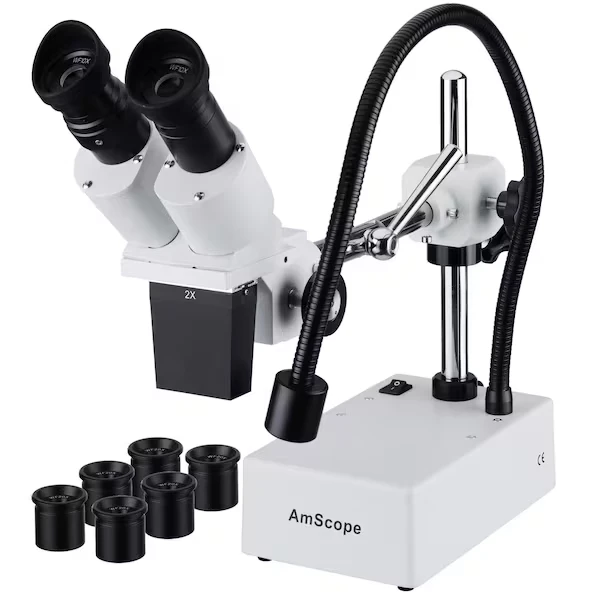 10X-40X Compact Fixed-Lens Stereo Boom-Arm Microscope With Gooseneck LED Light