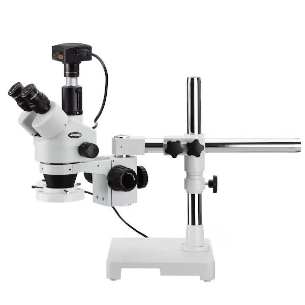 Boom Stand Trinocular Zoom Stereo Microscope w/ Fluorescent Ring Light