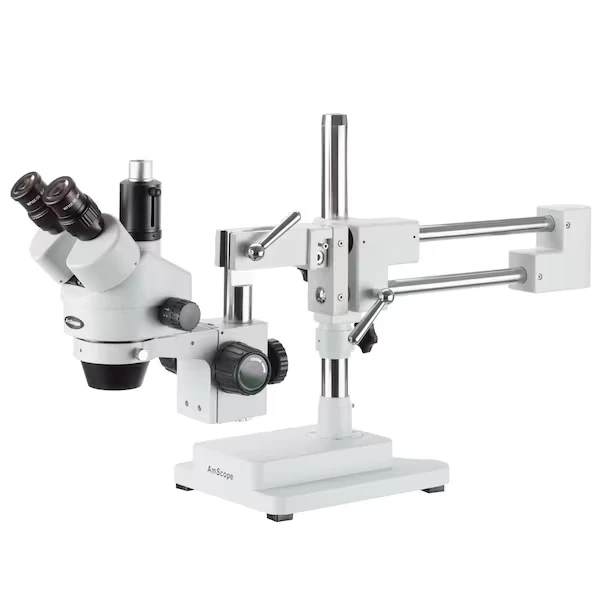 7X-45X Trinocular Stereo Zoom Microscope With Double Arm Boom Stand