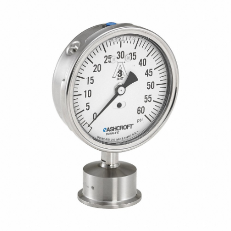 Pressure Gauge, 0 To 60 PSI, 3 1/2 Inch Dial, 1 1/2 Inch Tri-Clamp, +/-2.5% Accuracy