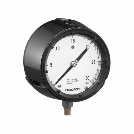 Pressure Gauge, 0 To 30, 4 1/2 Inch Dial, 1/4 Inch Npt Male, +/-1% Accuracy, PSI, PSI