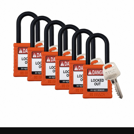 Padlock, Keyed Different, Nylon, Std Body Body Size, Plastic, Std, Orange, 6 Pack Size