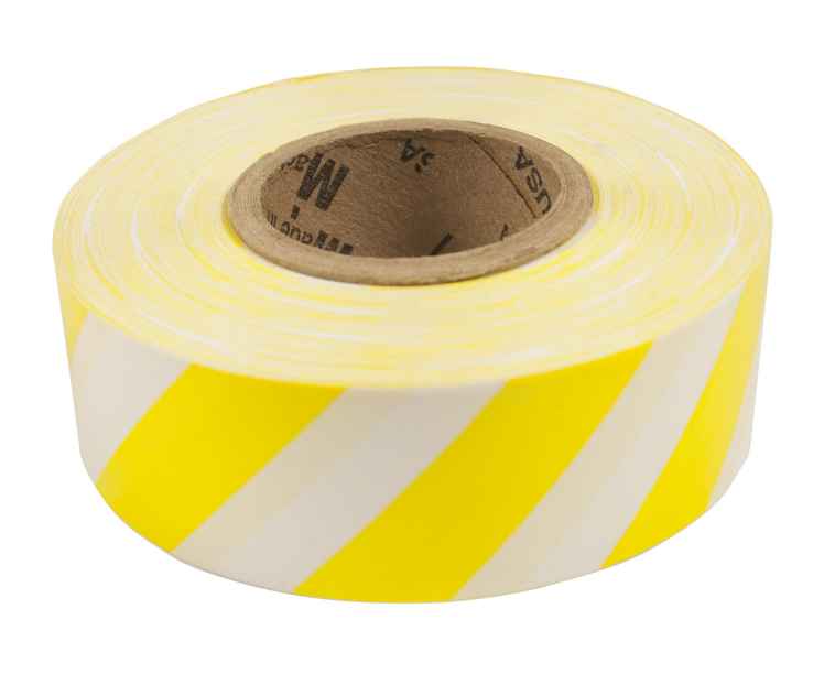 Standard Flagging Tape, Yellow, White Stripes, 1-3/16 Inch Size, 300 Feet Length