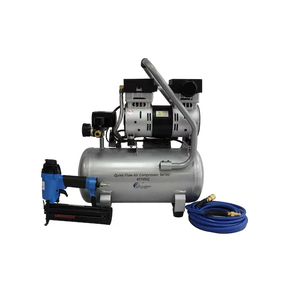 Quiet Flow 1HP 4.7 Gal Steel Tank Air Compressor w/Nailer Gun Kit