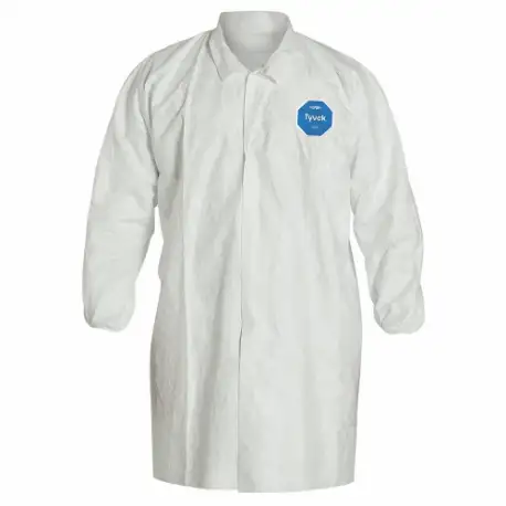 Disposable Lab Coat, Mandarin Collar, Elastic Cuff, Polyethylene, White, 2Xl, Snaps, 30 PK