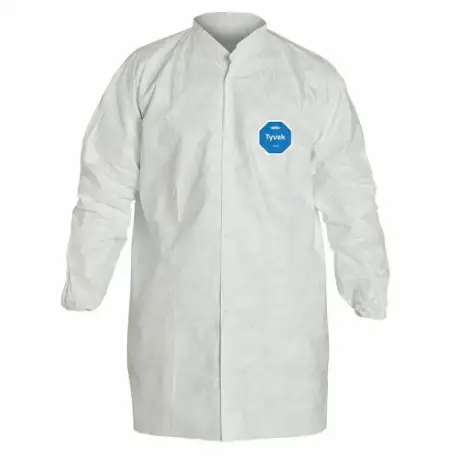 Disposable Lab Coat, Mandarin Collar, Elastic Cuff, Polyethylene, White, Xl, Snaps, 30 PK