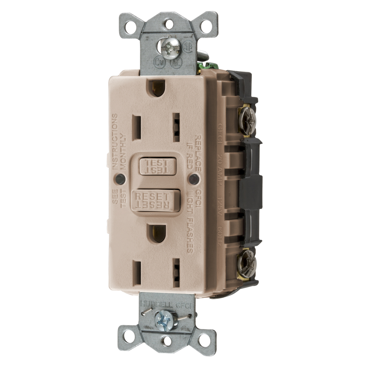 Gfci Receptacle, 15A 125V, 2-Pole 3-Wire Grounding, 5-15R, Almond
