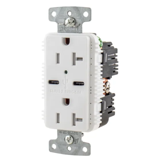 USB Charger Receptacle, Commercial, Decorator Duplex, Flush Mount, 20A