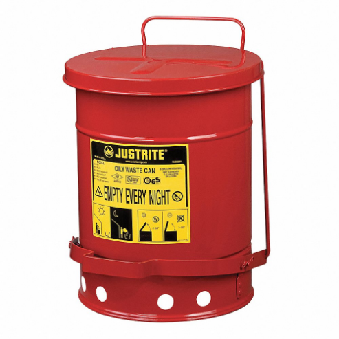 Oily Waste Can, Foot Operated, 38L, 354mm Dia., 464mm Length, Red