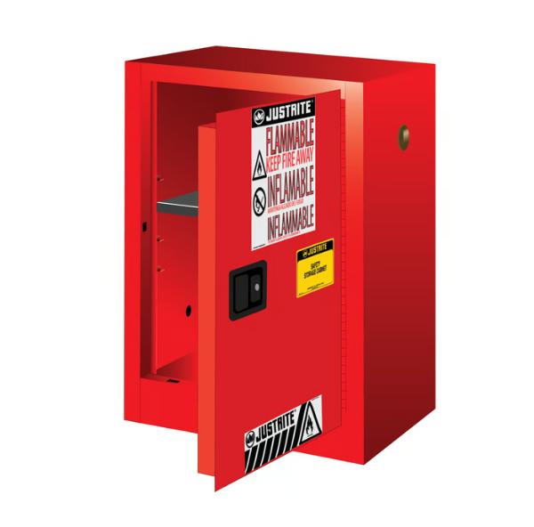 Flammable Safety Cabinet, 1 Shelf, 1 Door, Self Close, 12 Gallon, Red