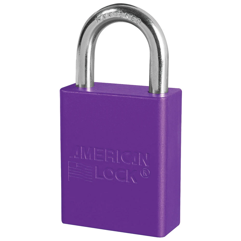 Anodized Aluminium Safety Padlock, 1 1/2 Inch Wide, 1 Inch Tall Shackle, Keyed Different, 5 Pin Locking, Purple