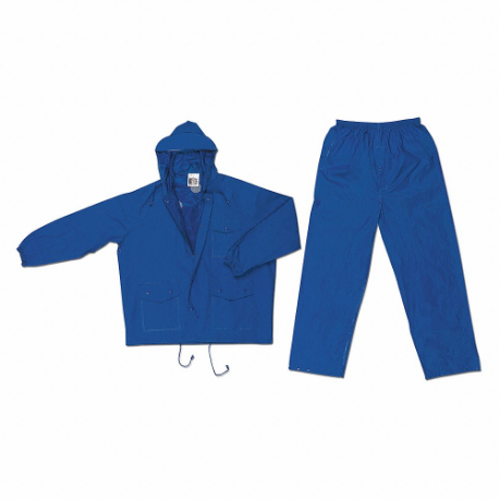 Two Piece Rain Suit with Jacket/Pants, Blue, L, PVC, Attached Hood