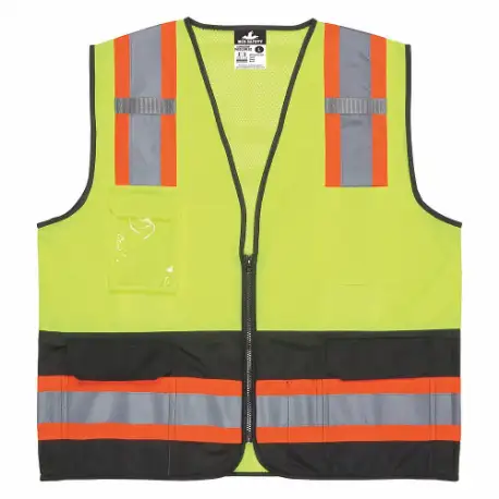 High Visibility Vest, ANSI Class 2, U, 2XL, Lime, Solid Polyester, Zipper