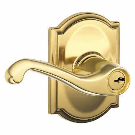 Door Lever Lockset, Grade 2, Flair/Camelot, Bright Brass, Different