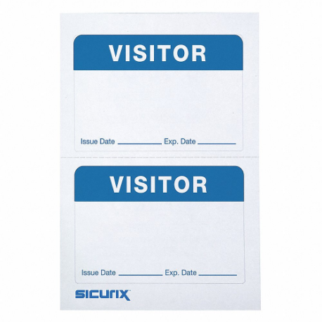 ID Adhesive Badge, Adhesive, Visitor, White on Blue, Blank, Paper, 3 1/2 Inch Length
