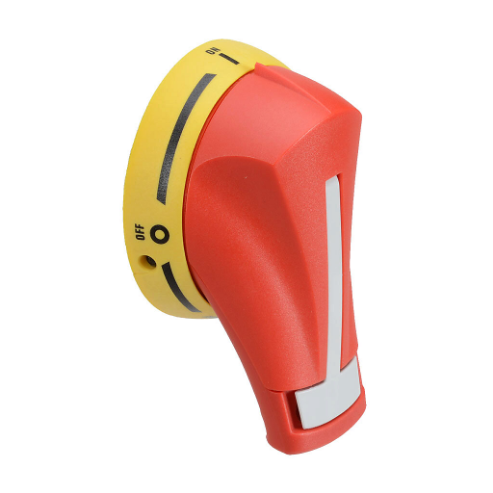 Rotary Handle, Pistol, Red/Yellow, External Front Mount, 3-Position, Lockable In Off Only