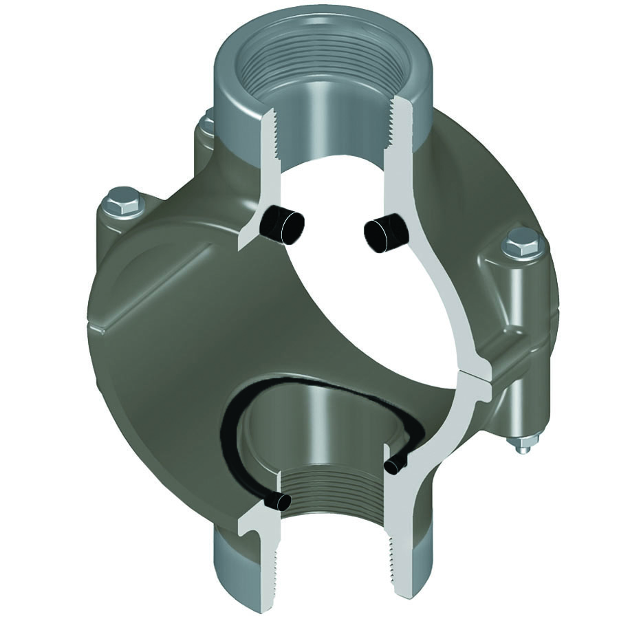 Special Reinforced Clamp-On Saddle, Double Outlet, EPDM, Zinc, 6 x 1 Inch Size, PVC