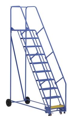 Rolling Warehouse Ladder, 58 Degree, Perforated, 10 Step, 21 Inch Size