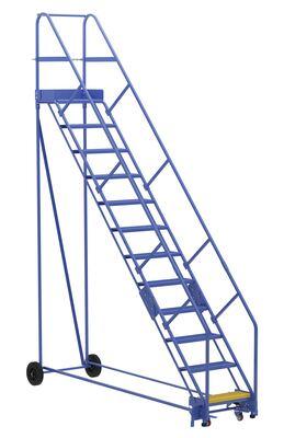 Rolling Warehouse Ladder, 50 Degree, Perforated, 12 Step, 14 Inch Size